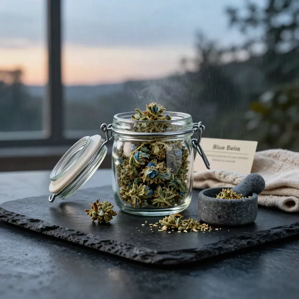 Blue Dream flower jar with buds, grinder, scoop and linen in dramatic drizzle-lit studio light.