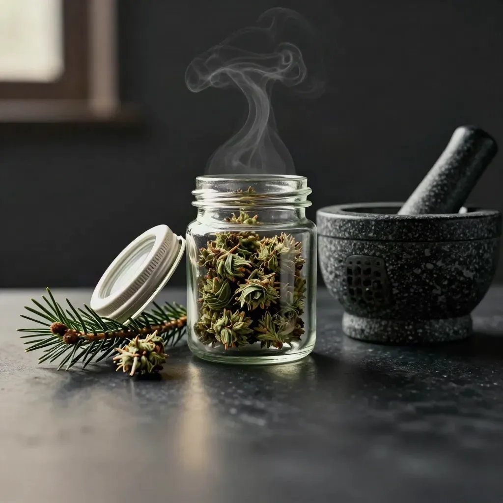 Open jar of Pine Haze buds with pine twig, grinder, and mortar on dark studio ground.