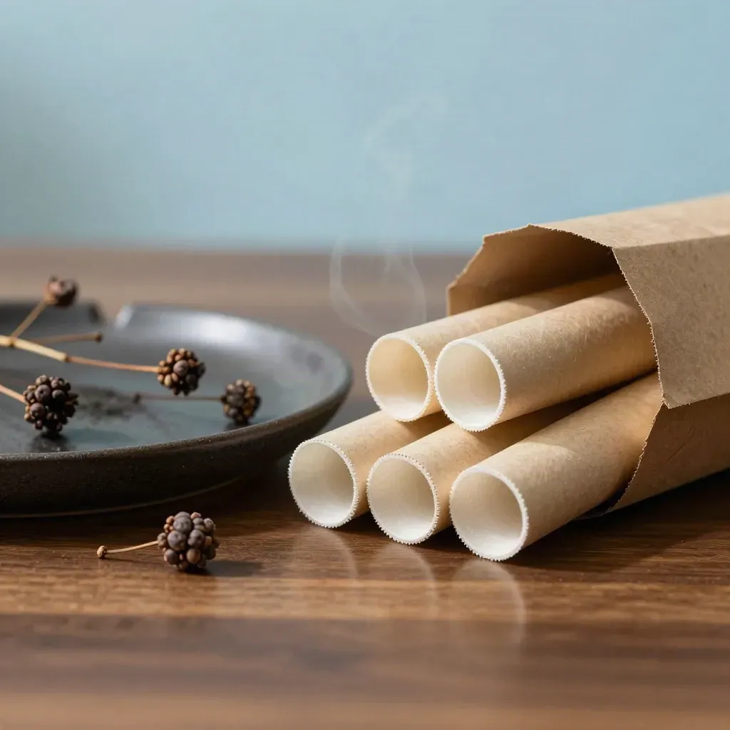 Unbranded berry pre-rolls fan from a kraft sleeve beside ceramic and smoke.