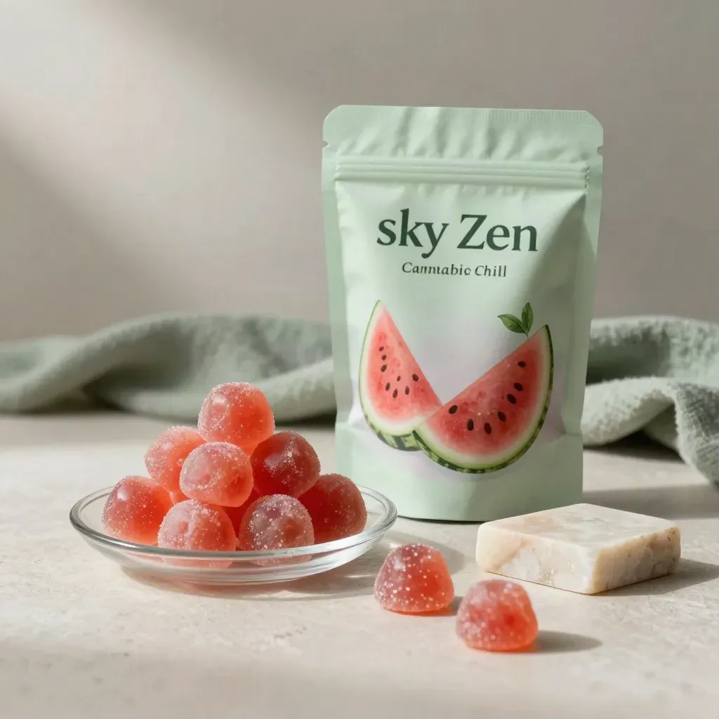Watermelon gummies and sealed pouch on travertine with chilled glass and soft condensation.