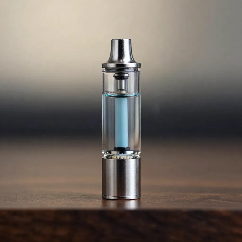 Macro of a clear vape cart with blue-glint oil, slim battery, metal stand and ceramic pebble.