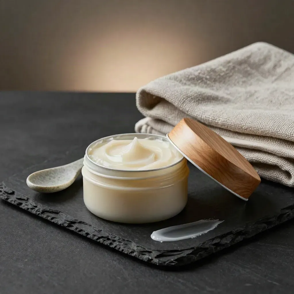 Open arnica body balm tin with wooden lid, sage towel, and stone spoon on a dark spa ledge.