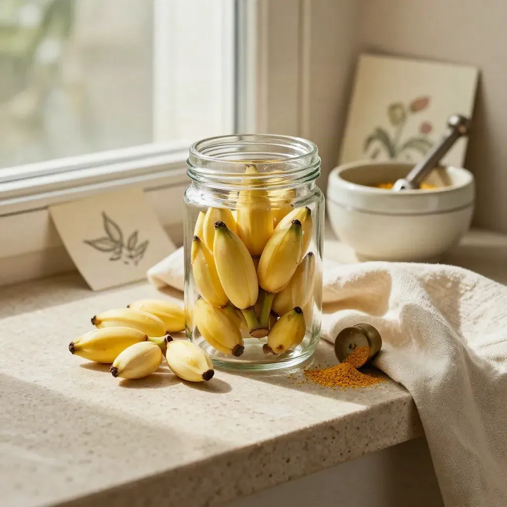 Sealed jar of golden banana cannabis flower with buds, grinder, and linen on warm stone.