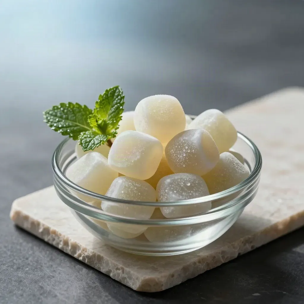 Mint gummies in a shallow glass bowl beside a plain pouch, mint sprig, and pale stone.
