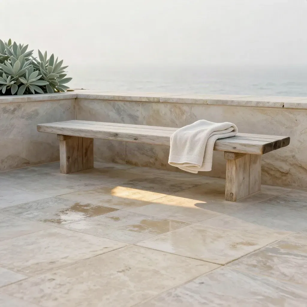 Sunlit mossy terrace with a pale bench, folded towel, and hazy coastal distance.