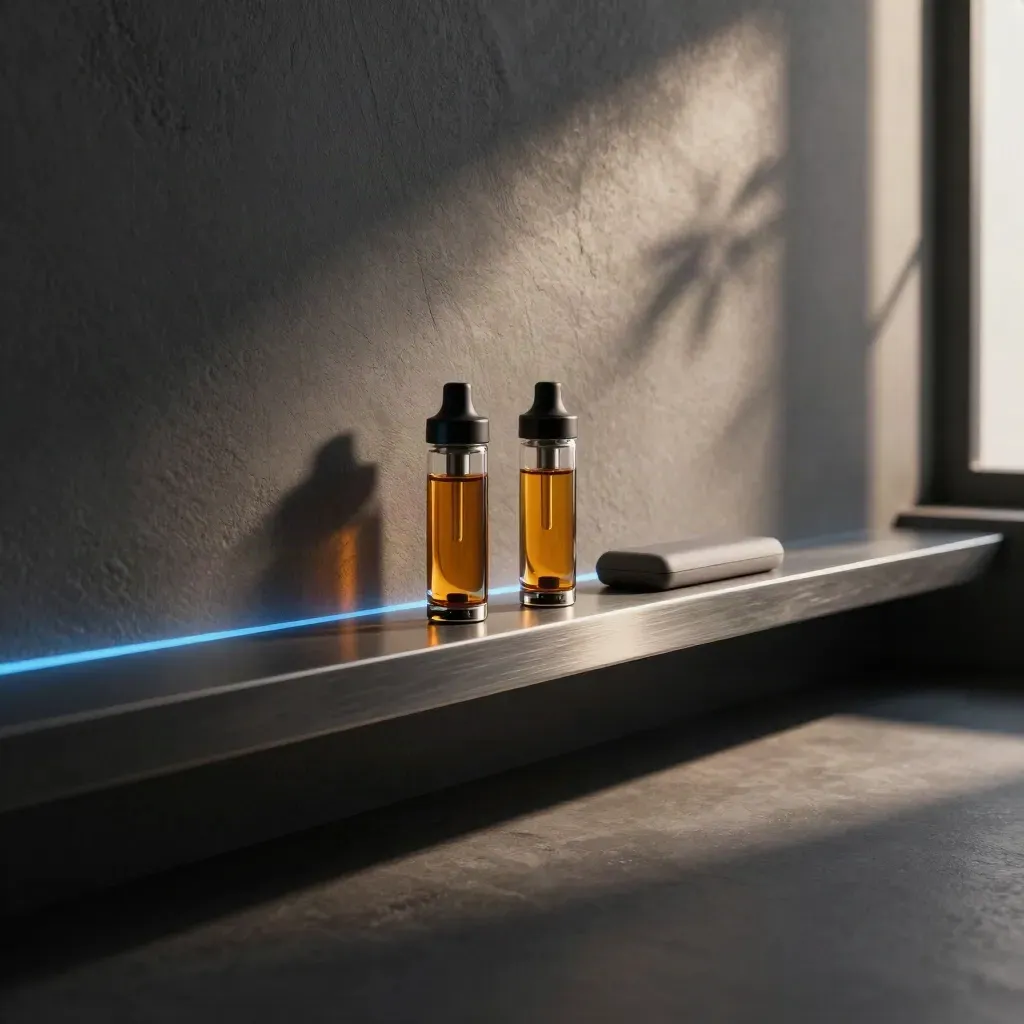 Dark graphite corridor with lit metal ledge and vape cartridges, blue-hour reflections, calm floor.