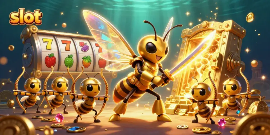 Engaging slot scene featuring a samurai hornet with treasure and slot reels, conveying excitement and energy.