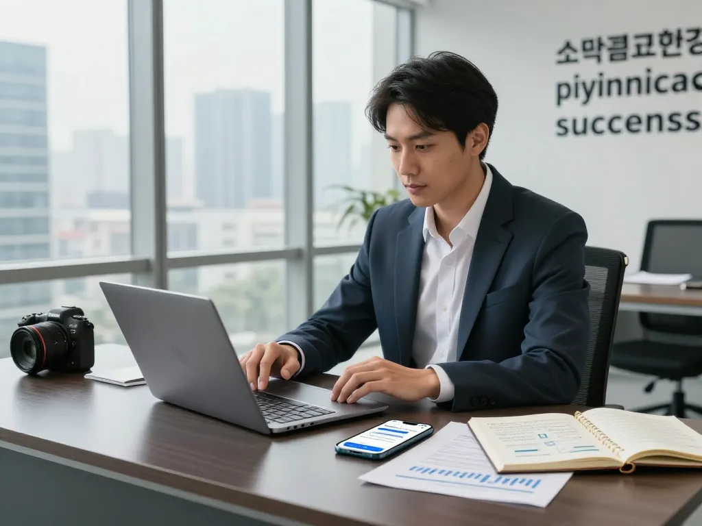 Finance professional exploring 소액결제현금화 solutions at a modern office desk.