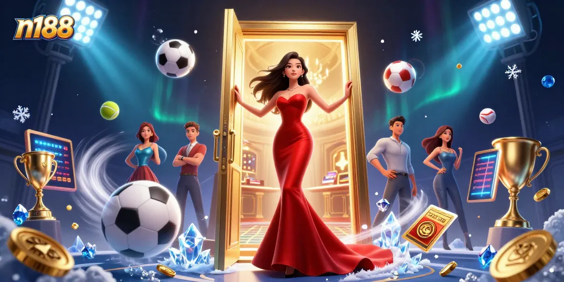 Engage in thrilling n188 sports betting action with a stunning Asian casino hostess in a vibrant scene.