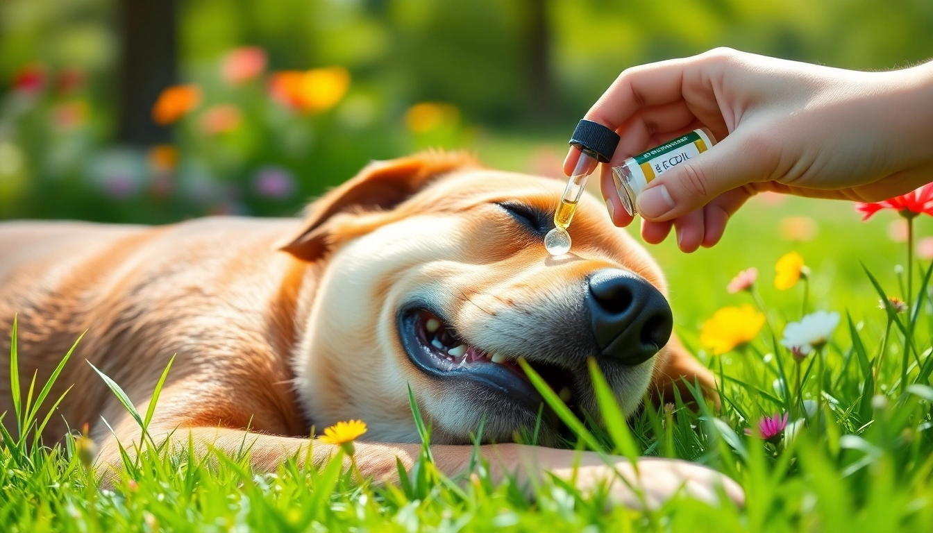 Administer CBD For Pet oil to a happy dog in a vibrant park setting, promoting wellness.