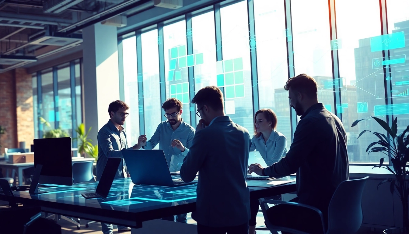 Engaging EORMC collaboration in a high-tech workspace showcasing AI blockchain solutions.