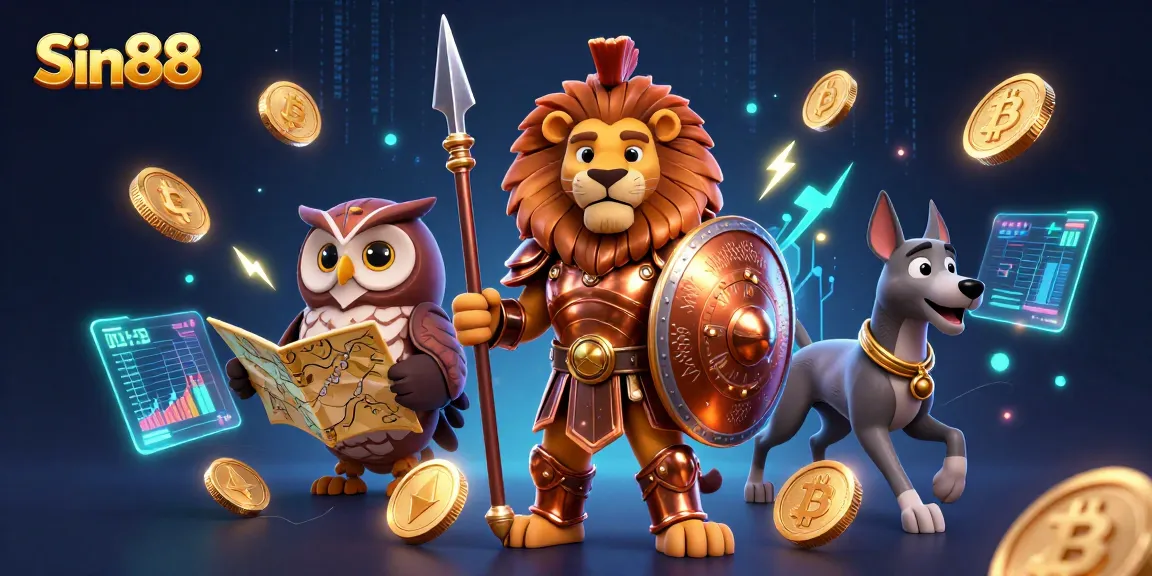 Experience the excitement of Sin88 through this vibrant 3D illustration featuring a Spartan lion and crypto-themed elements.