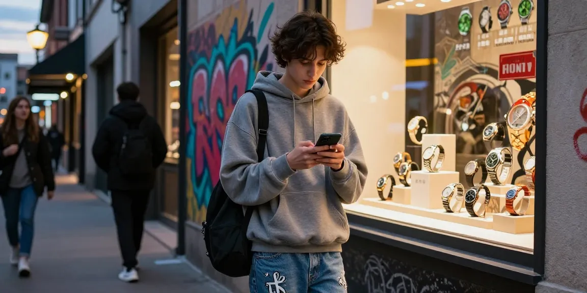 Fashionable young adult browsing 시계 레플리카 in an urban street setting with stylish street art and warm lighting.