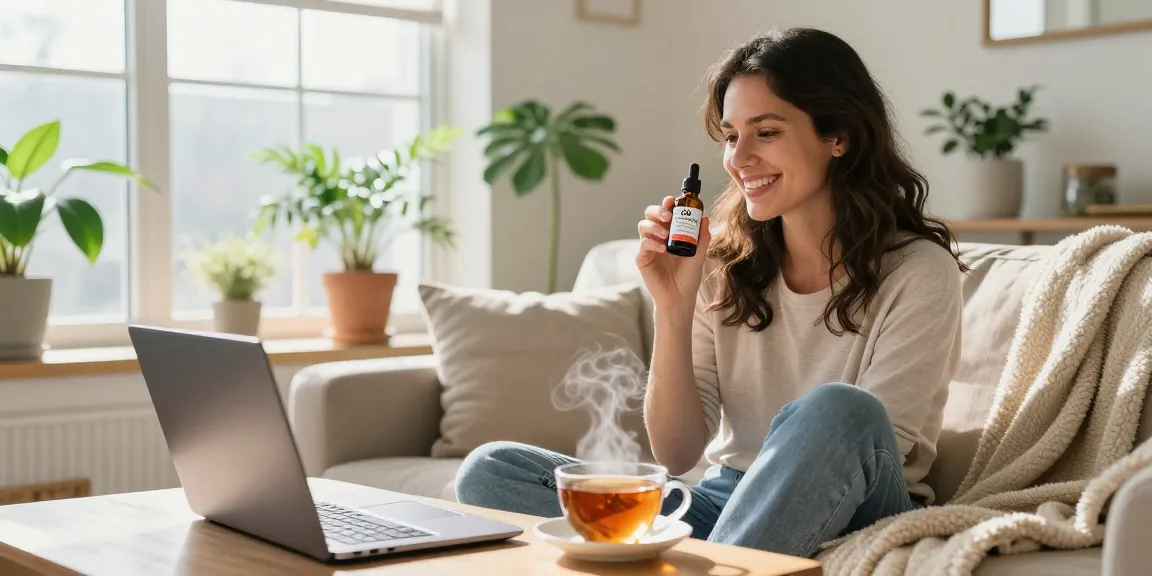 Enjoying cbd oil for sale Canada in a cozy living room with natural light and wellness elements.