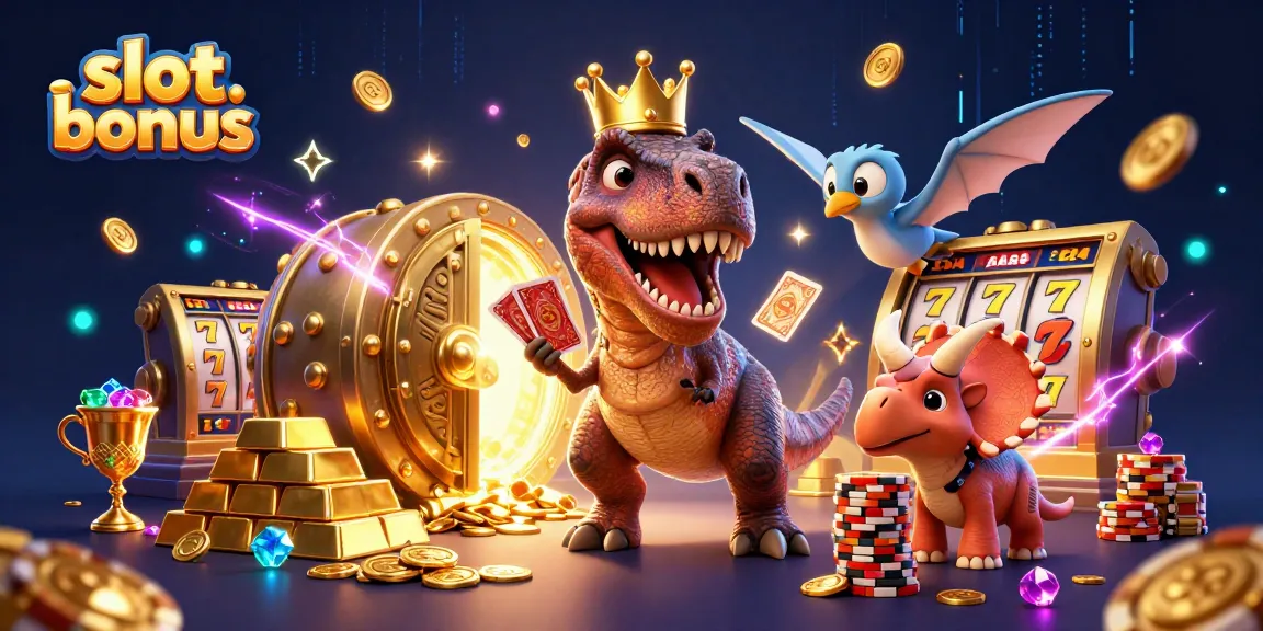Engage with exciting slot bonus offers illustrated by a T-Rex shuffling cards and a triceratops stacking chips.
