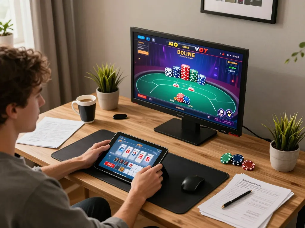 Person strategizing on fly88 poker app while enjoying comfortable home gaming setup.