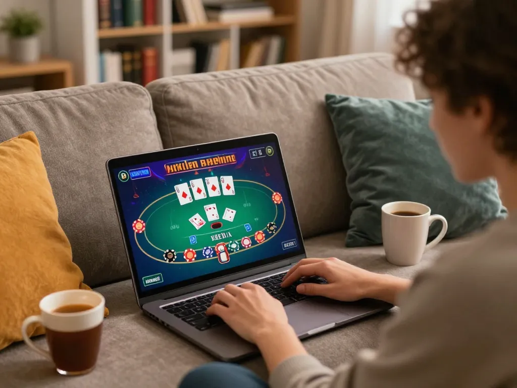 Player engaging with 789WIN online poker game from a cozy home setting, highlighting responsible gaming