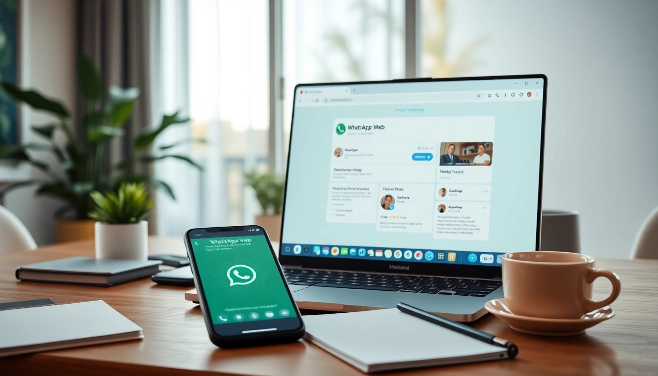 笔记本电脑上的 WhatsApp Web 界面，展示快连官网的功能，现代工作环境。