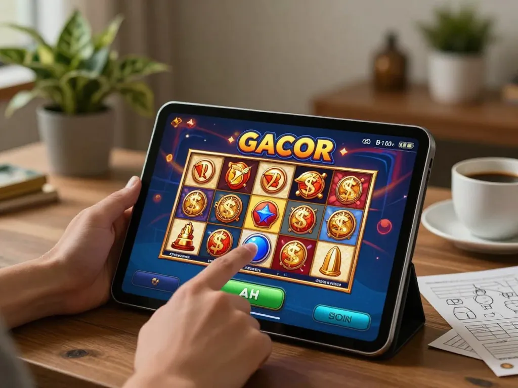 Engaging user playing slot gacor on a tablet with cozy home decor and strategic notes.