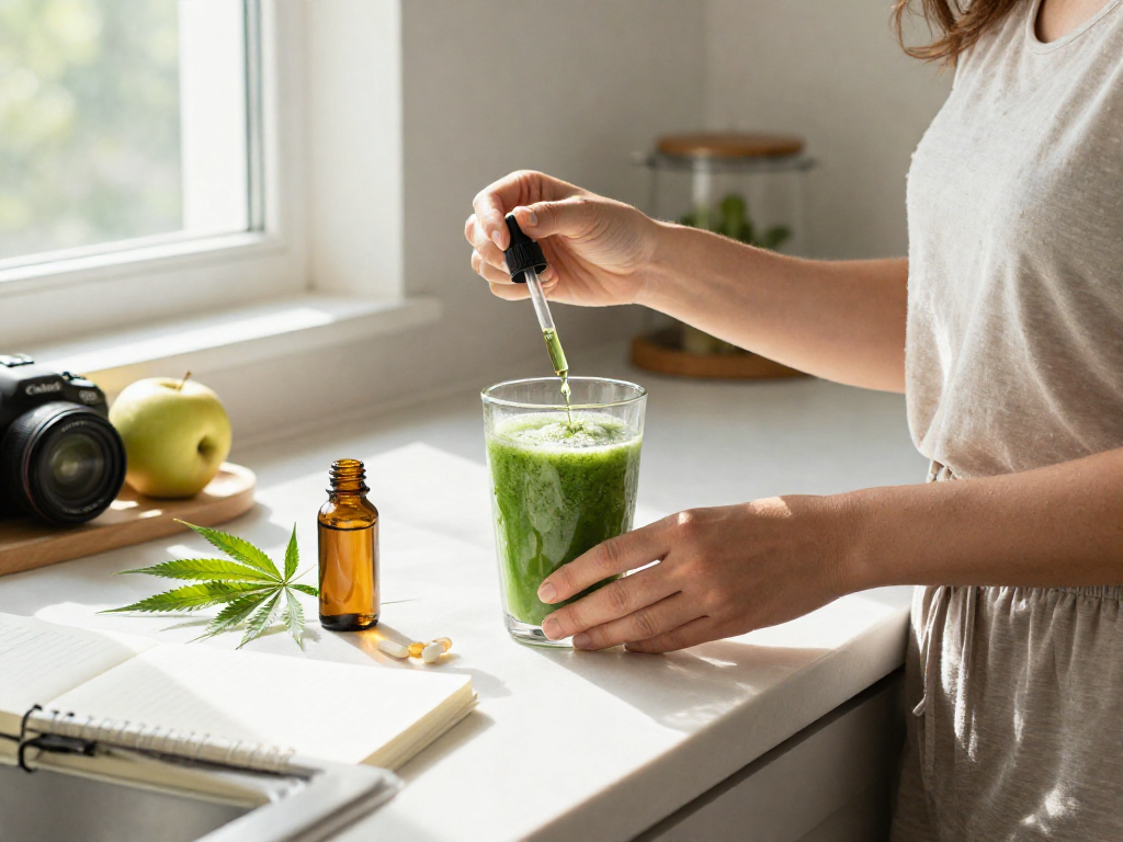 Concentrate delivery near me featuring premium CBD oil tincture, fresh hemp extract, and a wellness-friendly kitchen environment emphasizing health.