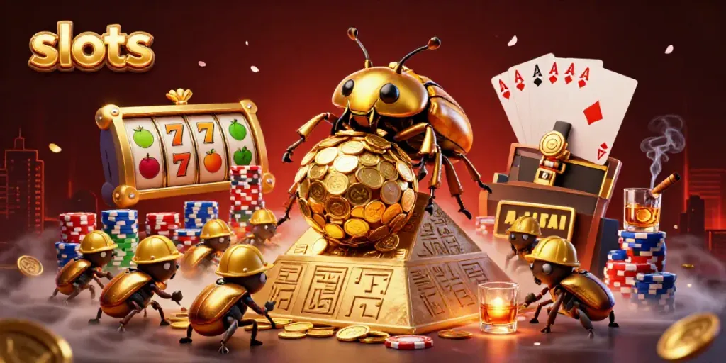 Experience thrilling slots action in a vibrant 3D casino illustration with golden beetles and jackpot symbols.