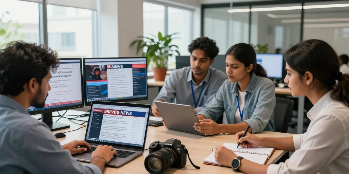 Journalists collaborating at https://www.theindaily.com in a vibrant newsroom.
