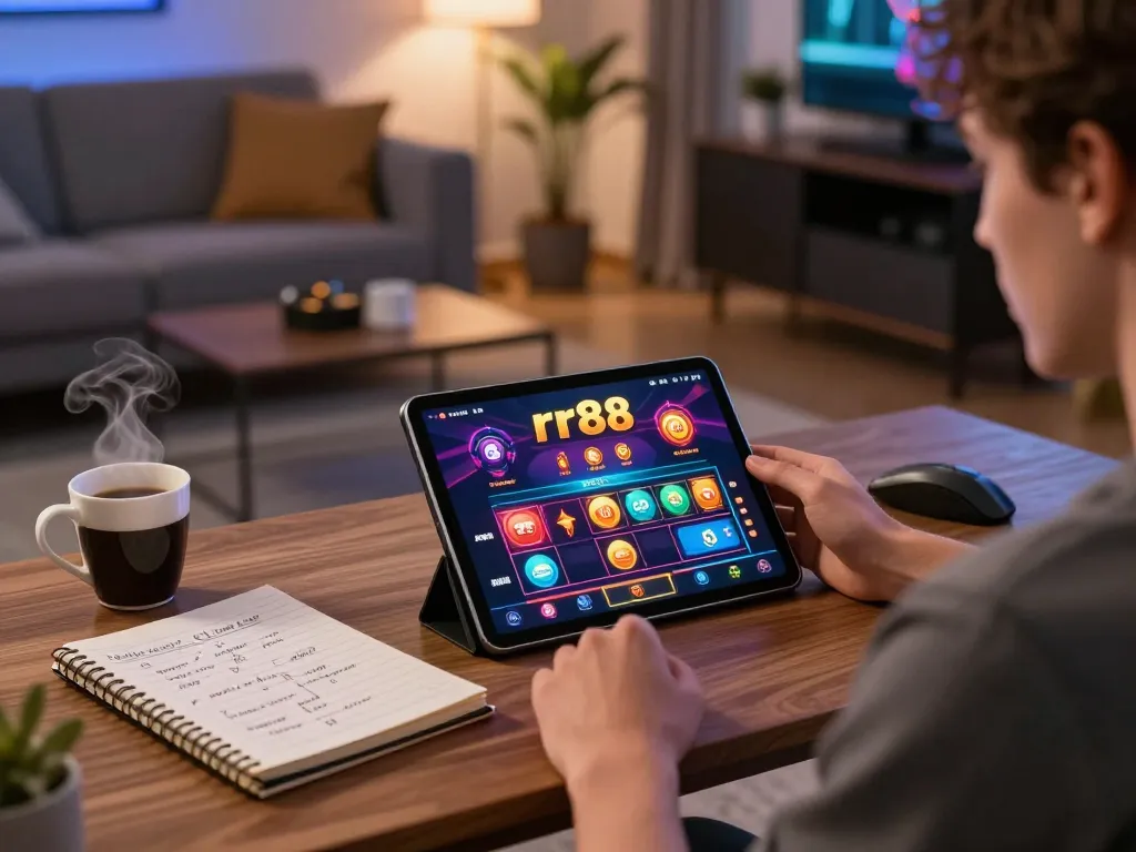 Player engaged in rr88 online gaming with strategy notes and tablet interface