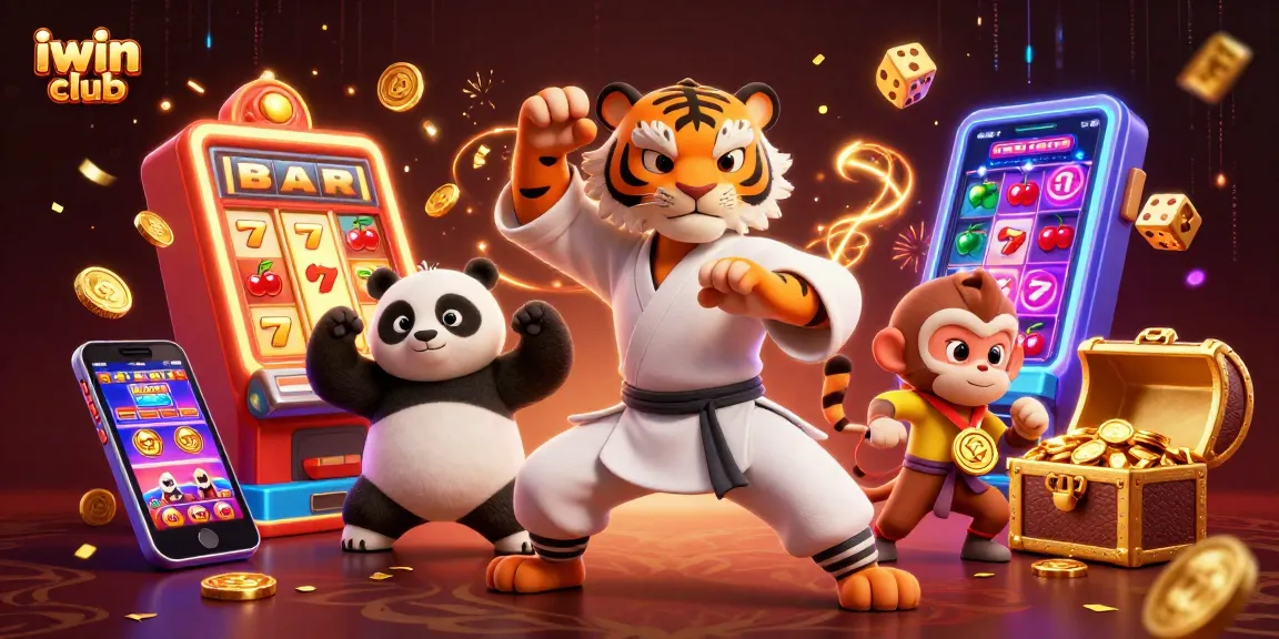 Experience thrilling jackpots with iwin club, featuring a kung fu tiger master amidst 3D casino excitement.