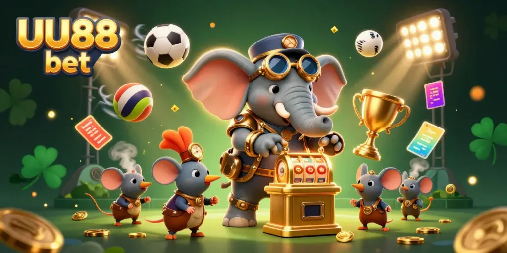 Experience the excitement of UU88 bet with steampunk characters and dynamic sports elements in a vibrant casino scene.