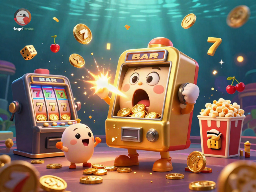 Engaging scene of a golden slot machine celebrating a jackpot while related casino elements fly around, representing togel online.