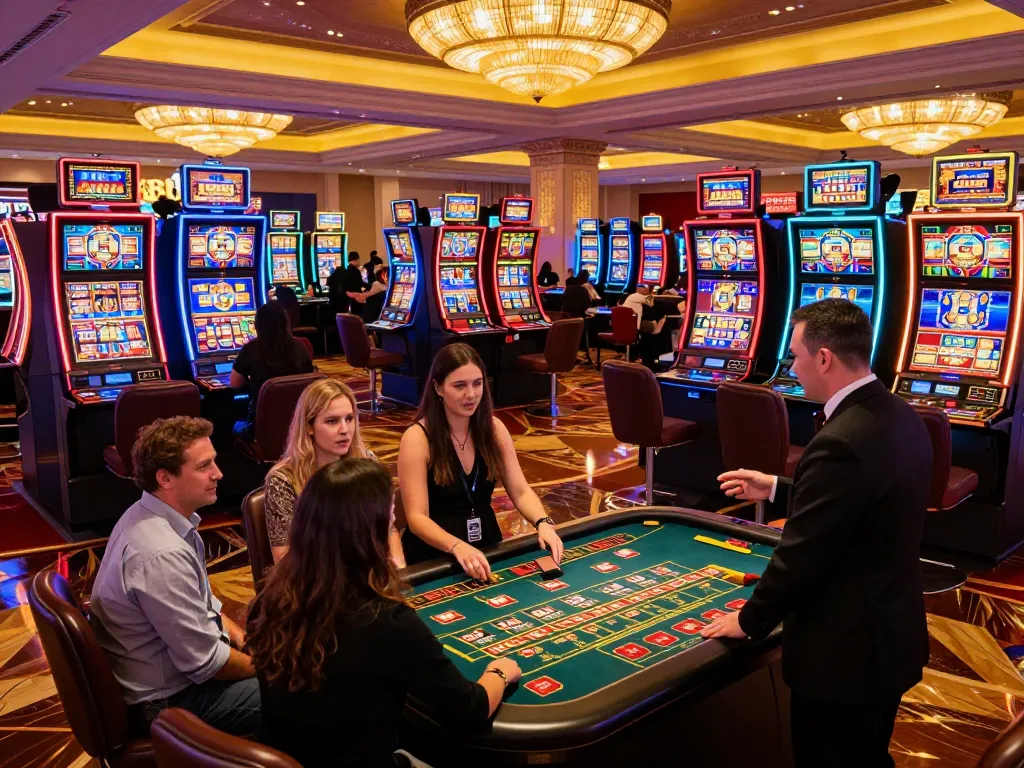 Engaged players enjoying slot machines and roulette at 388bet casino, capturing the thrill of gambling