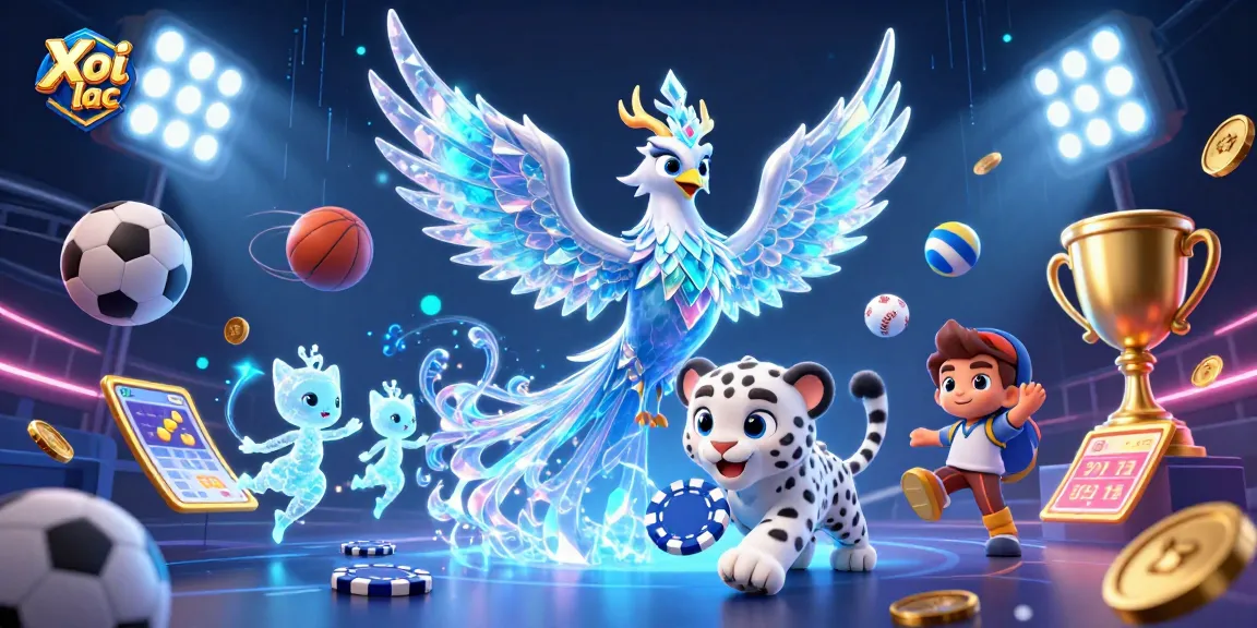Xoi lac presents a captivating scene with a phoenix, snow leopard cub, and dynamic sports elements in a casino-themed illustration.