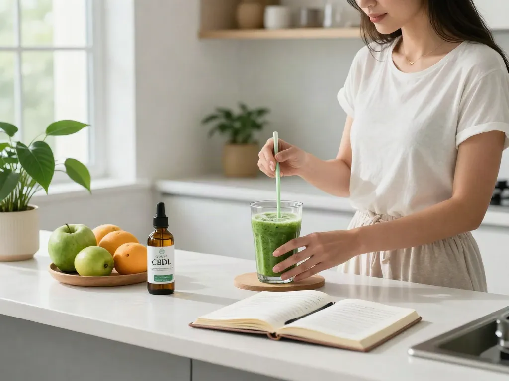 Colorado online dispensary that ships to all states with organic CBD oil and fresh wellness ingredients in a sunlit kitchen.
