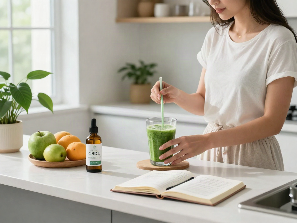 Colorado online dispensary that ships to all states with organic CBD oil and fresh wellness ingredients in a sunlit kitchen.