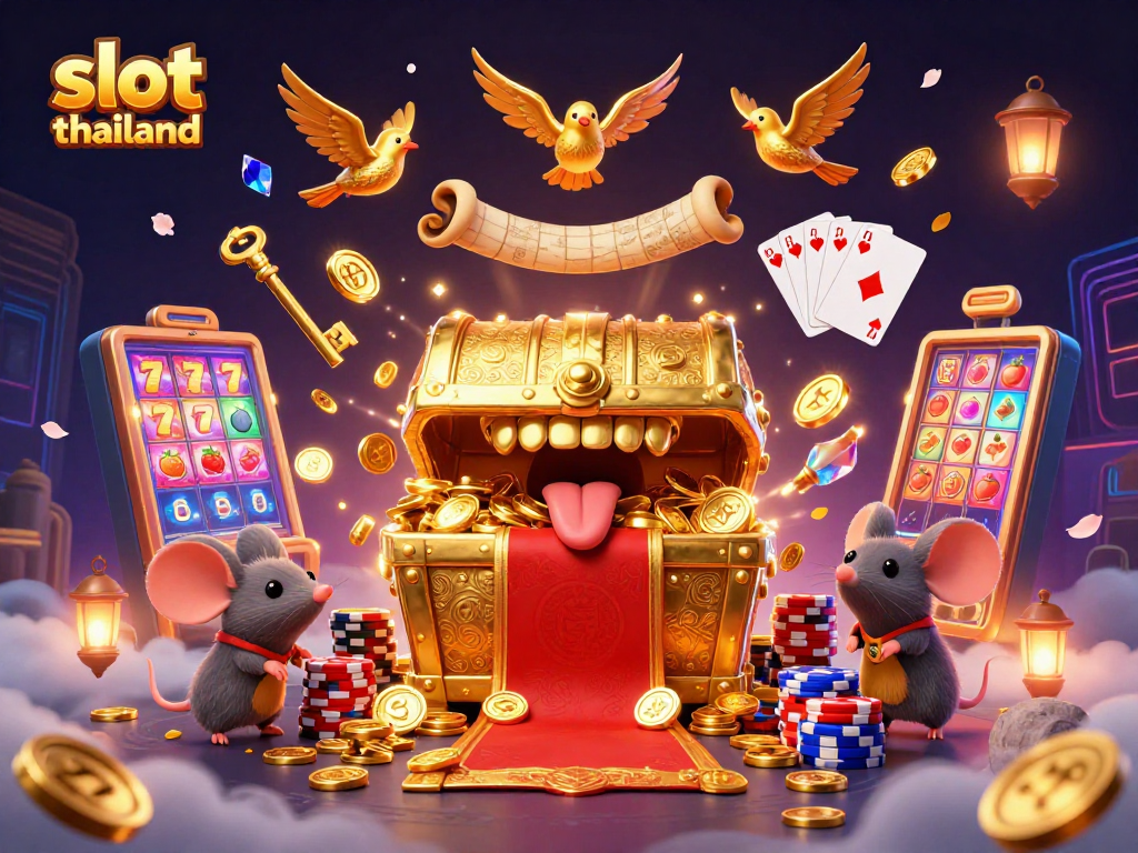 Spin and win big with slot thailand in this vibrant casino illustration filled with treasure.