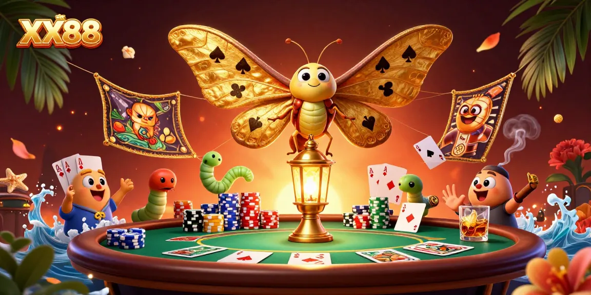 Win big at XX88 as a majestic moth guides players through a vibrant casino scene.