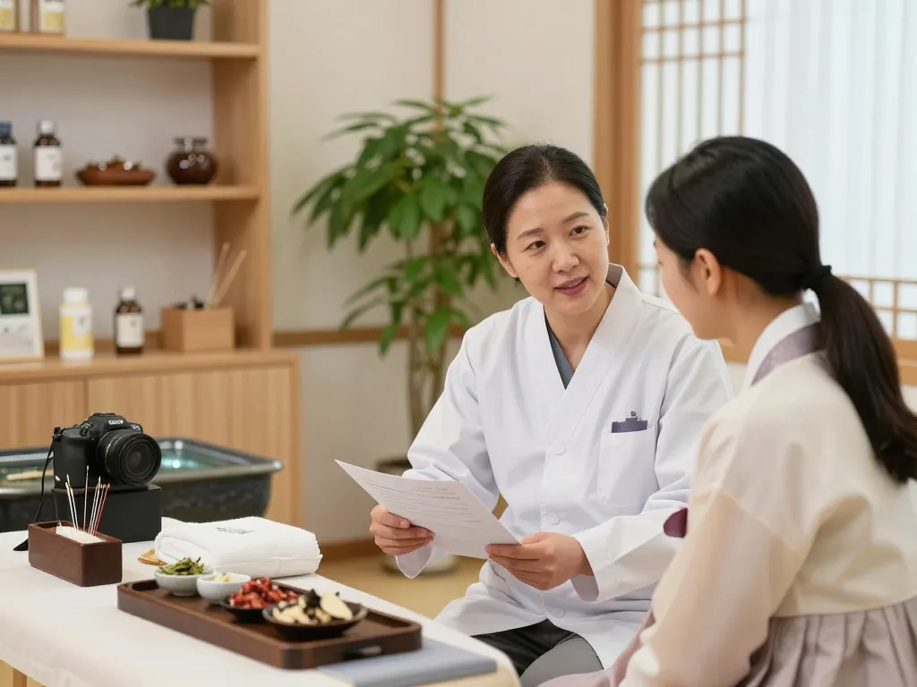 Consultation at 수원한의원 with practitioner and patient in a tranquil environment.