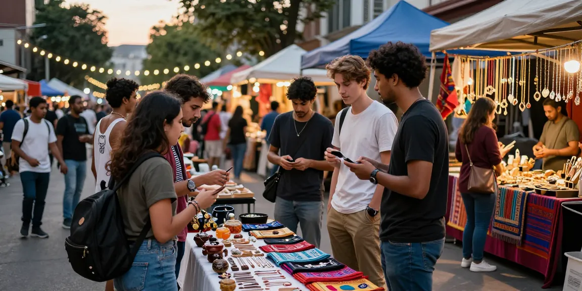 Exploring a vibrant cultural market with friends, examining local crafts and enjoying street performances, capturing the essence of community.