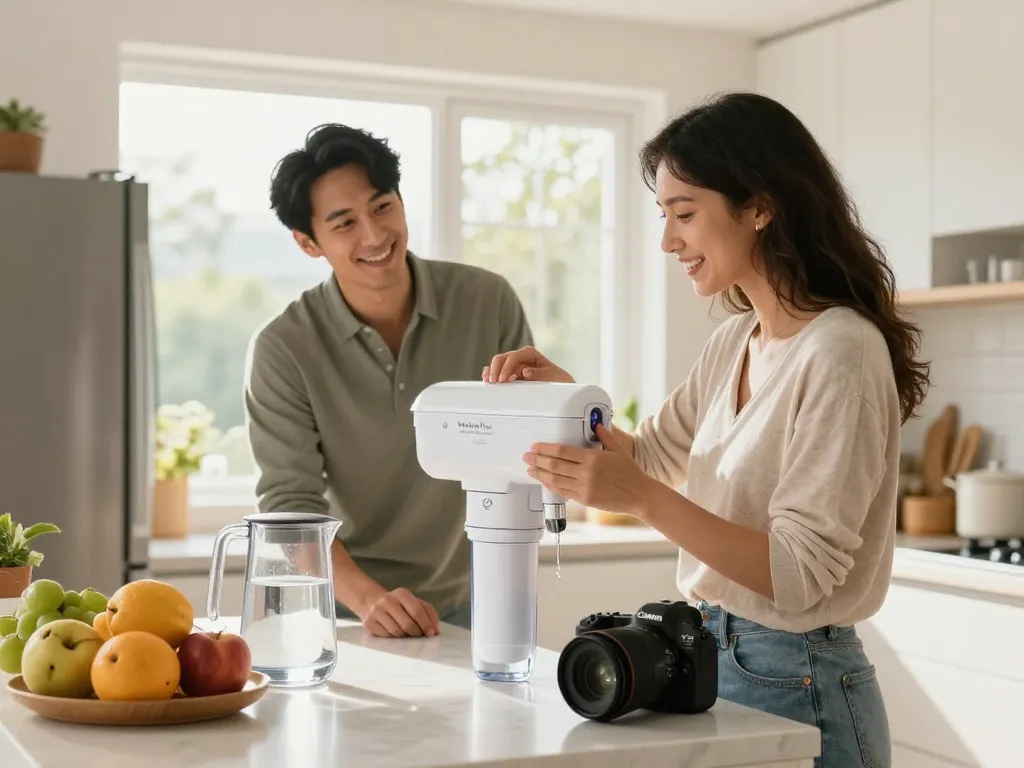 Waterdrop Plus WDP-F19C Replacement for GE® RPWFE® filter installation in a modern kitchen, promoting clean drinking water.