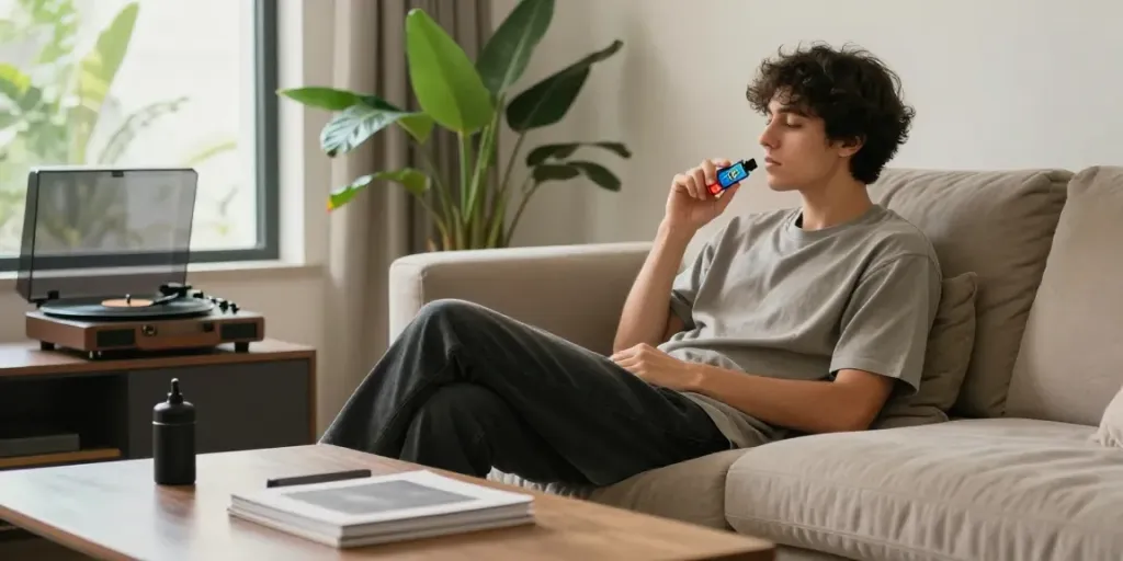 Enjoying weed vape cartridges in a modern cozy living room setting.