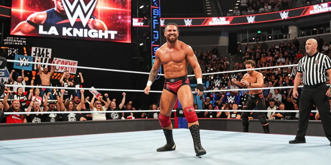 LA Knight enters the wrestling ring with charisma and confidence during a WWE event, surrounded by enthusiastic fans and vibrant visuals.