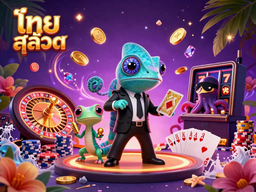 Experience the excitement of ไทย สล็อต with vibrant characters enjoying a casino adventure full of gold coins and games.