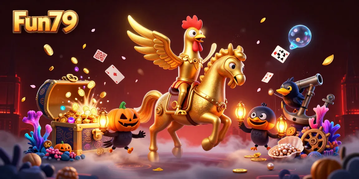 Score big with Fun79 in a vibrant 3D casino scene filled with treasures and gaming elements.