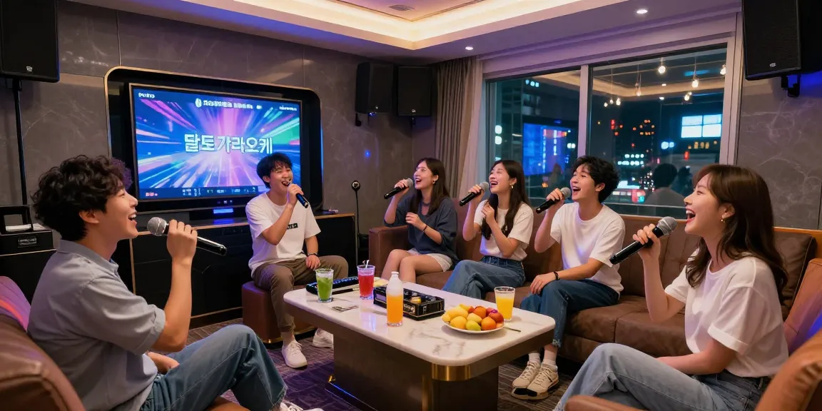 Group enjoying a lively karaoke night at 강남 달토 가라오케 with modern audio setup and vibrant atmosphere