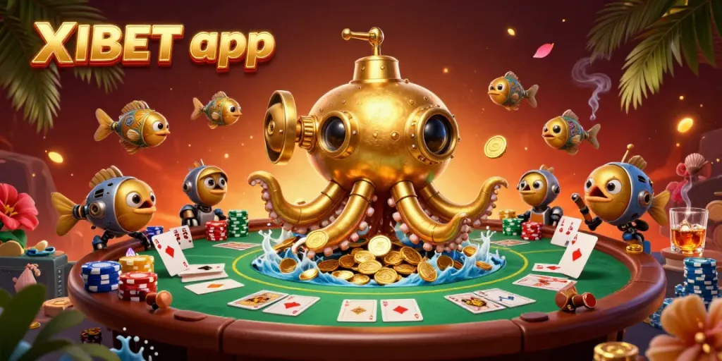 Experience the exciting XIBET app with a golden kraken submarine amidst poker elements and coins.