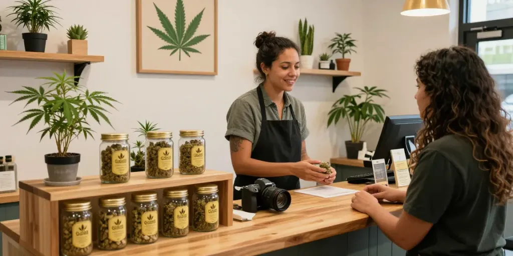 Engaging cannabis dispensary scene showcasing Gold Seal hash products invitingly to shoppers.