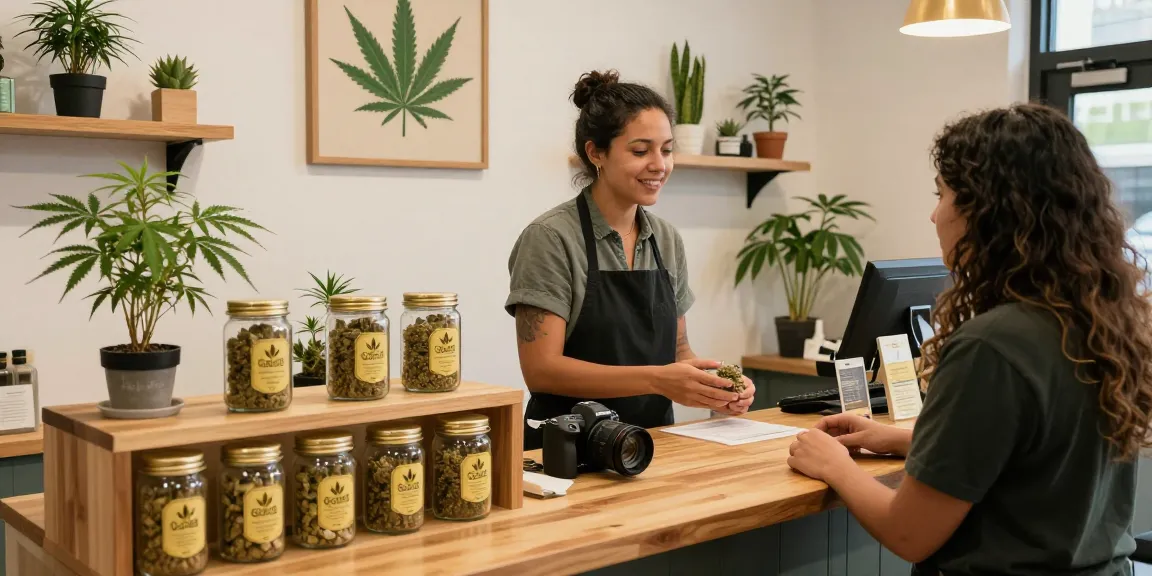 Engaging cannabis dispensary scene showcasing Gold Seal hash products invitingly to shoppers.