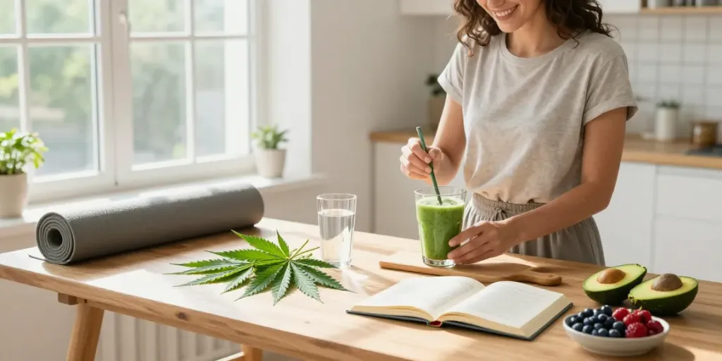 Cheap shatter Canada scene featuring a woman taking CBD oil in a bright, organic setting with hemp plants.