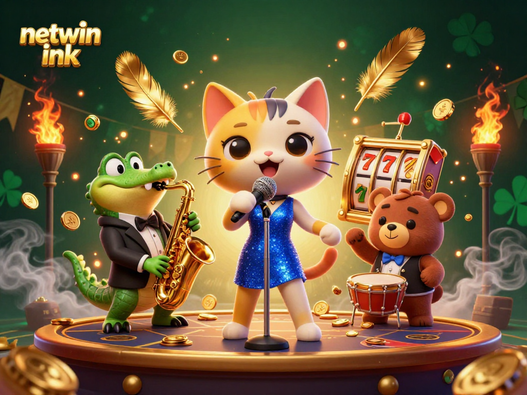 Engage with netwin ink's vibrant casino scene featuring a singing cat, saxophone-playing crocodile, and drum bear in action.