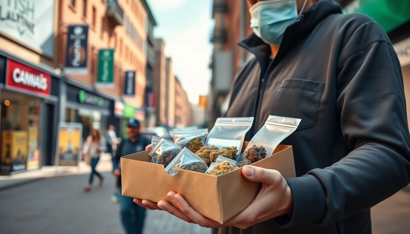 Delivering hash uk delivery package in an urban setting with vibrant surroundings.